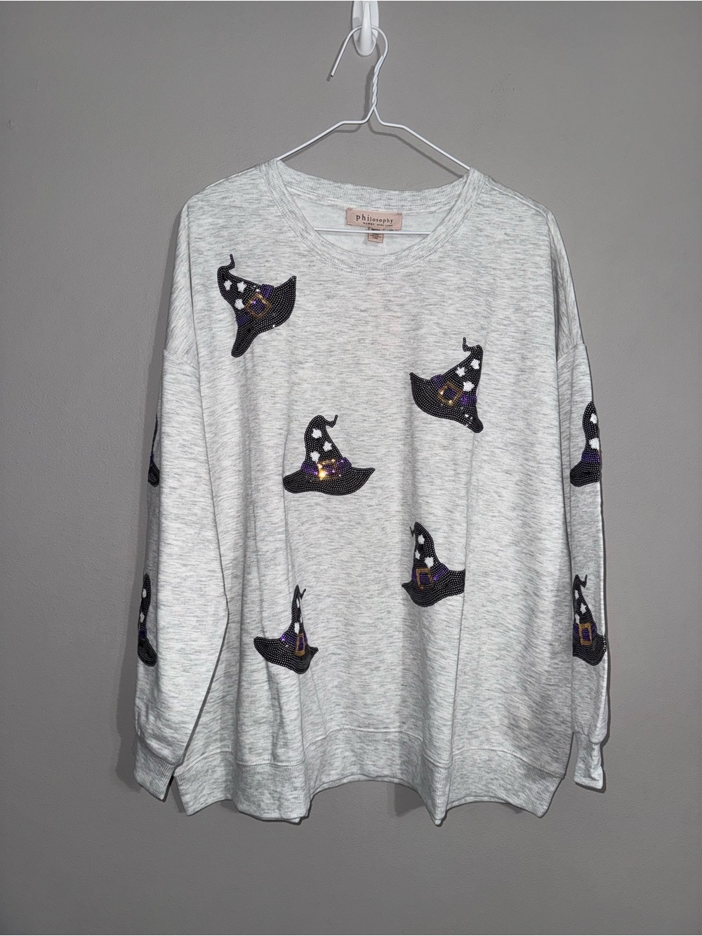 Philosophy Light Gray Pullover with Black & Purple Witch Hat Sequins 2x